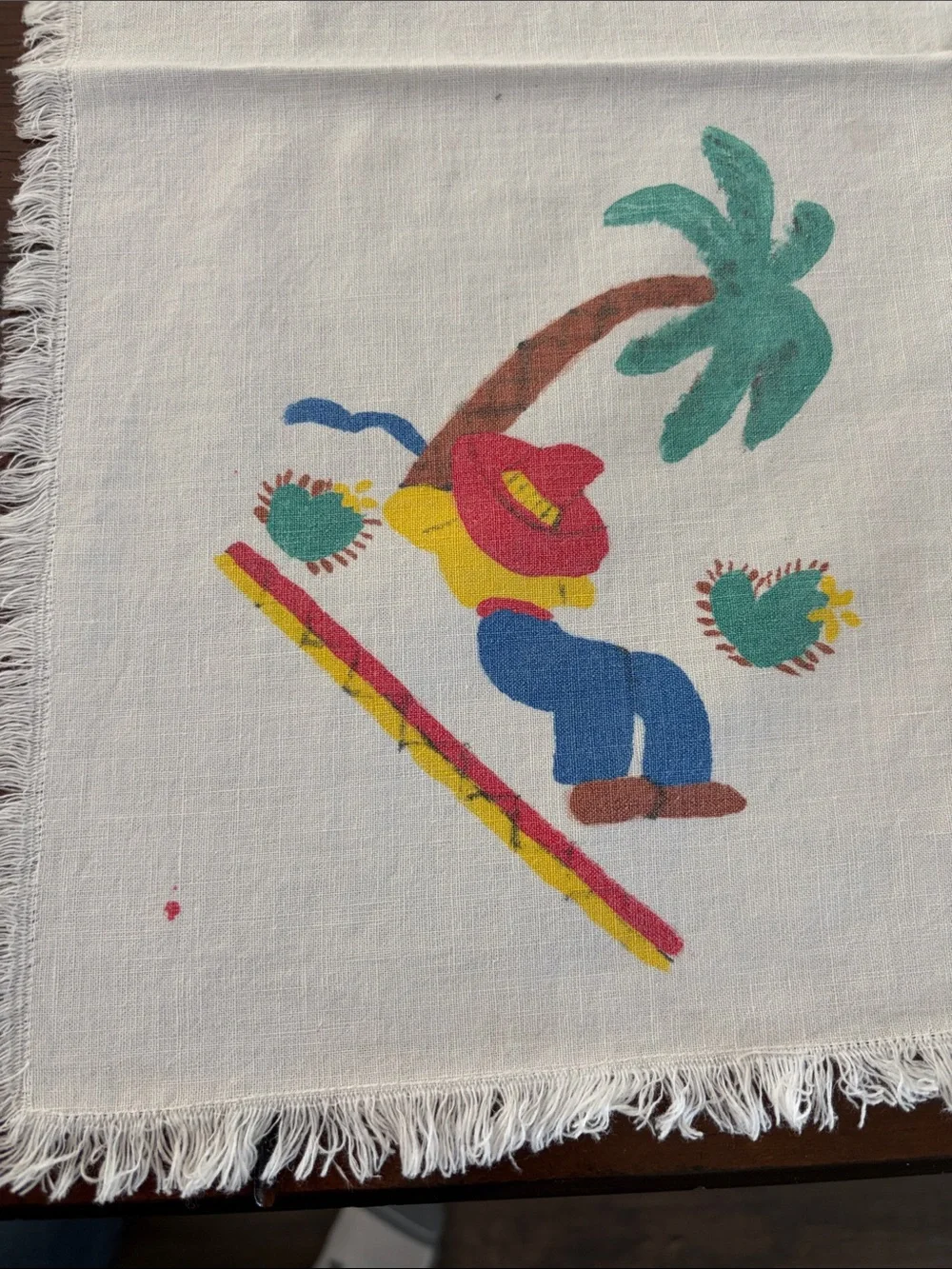 Vintage Mexican Folk Art Stamped card table tablecloth